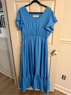 Taylor Girls' Sky Blue Flutter-Sleeve Maxi Dress